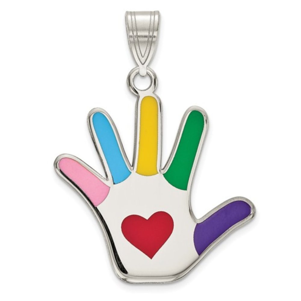 925 Sterling Silver Autism Handprint Pendant, enameled w/ Red Heart Center
